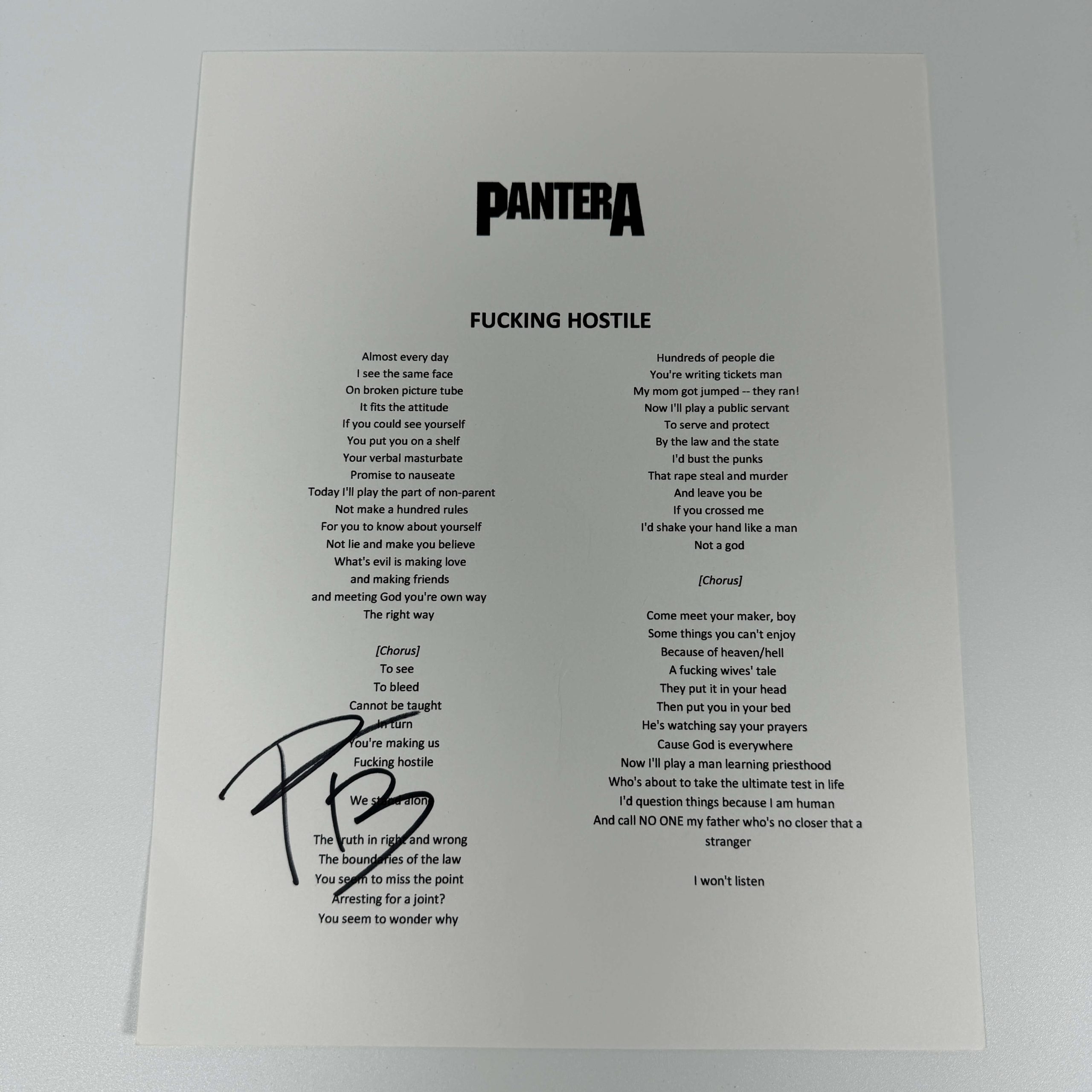 PANTERA - FUCKING HOSTILE LYRICS SHEET - SIGNED BY PHIL ANSELMO - Image 2