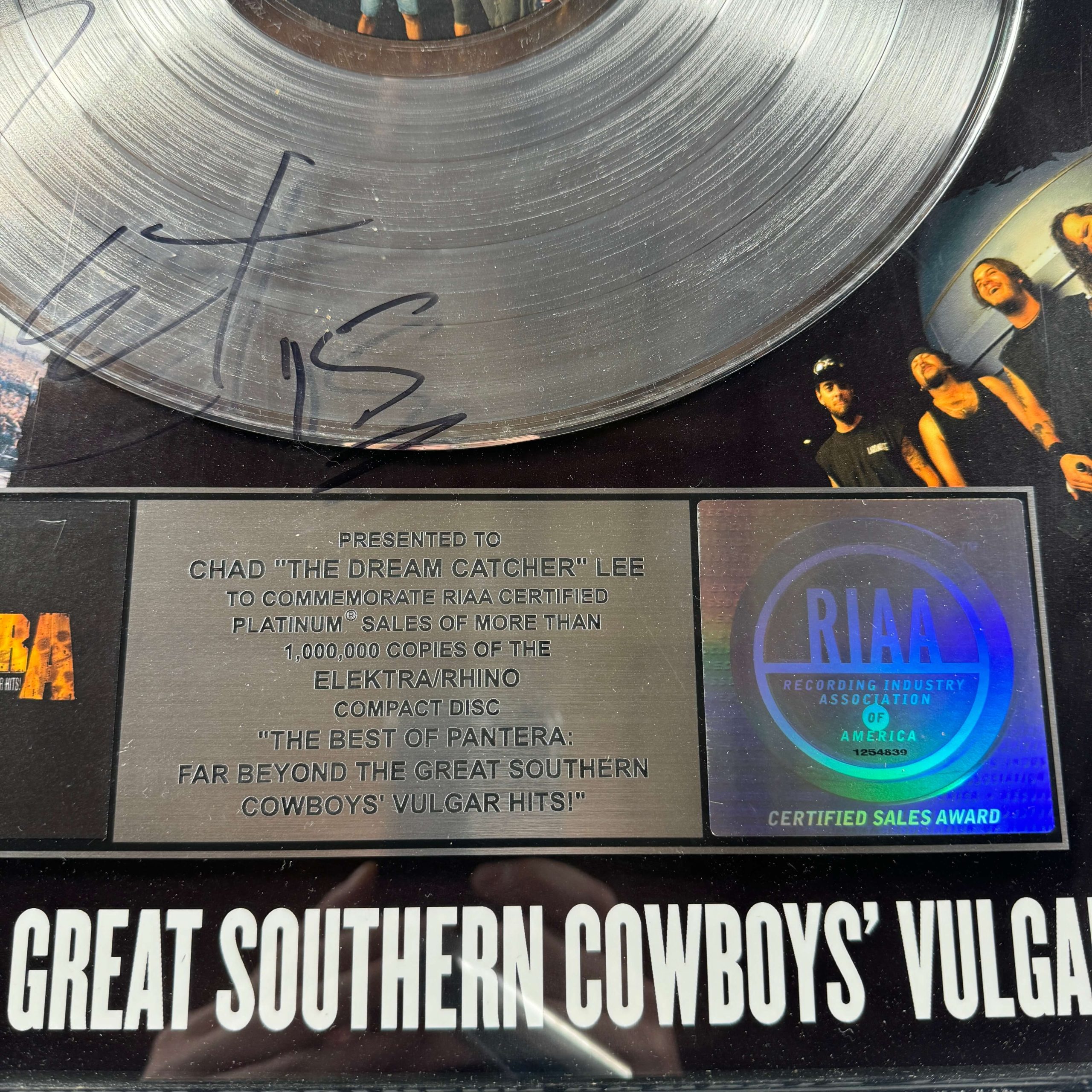PANTERA - FAR BEYOND THE GREAT SOUTHERN COWBOYS VULGAR HITS - RIAA PLATINUM AWARD PRESENTED TO CHAD LEE - SIGNED BY REX - Image 3